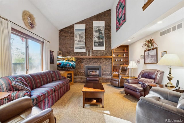 2013 S Holland St, Lakewood, CO 80227 - living room with light colored carpet, visible vents, a fireplace, and high vaulted ceiling