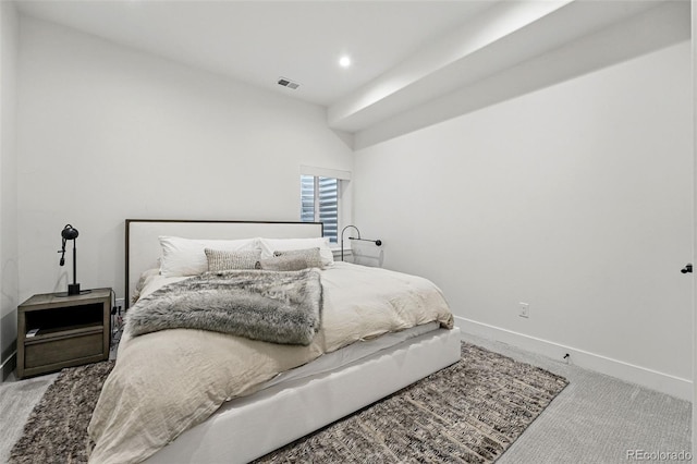 bedroom featuring carpet, baseboards, and recessed lighting