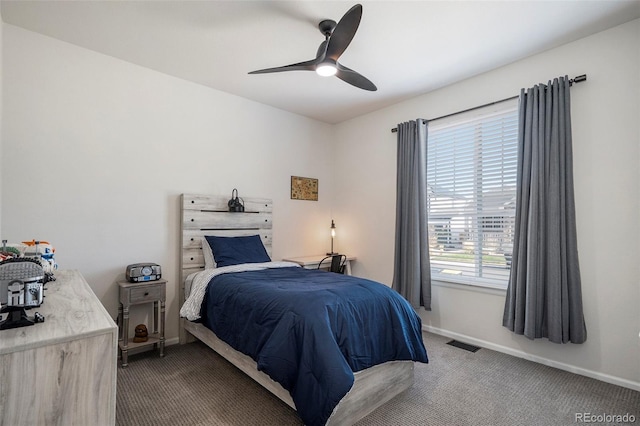 bedroom featuring ceiling fan and carpet