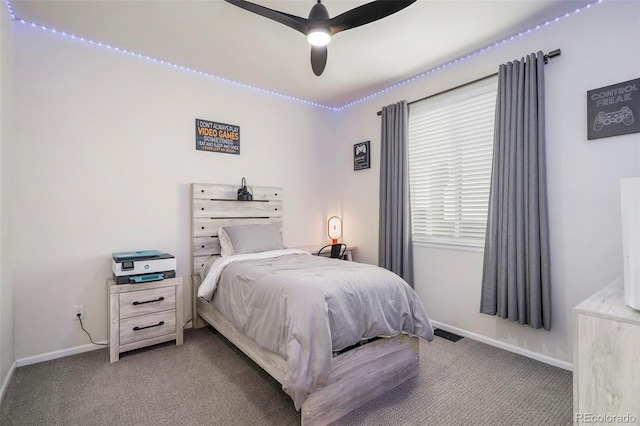 bedroom featuring carpet flooring and ceiling fan