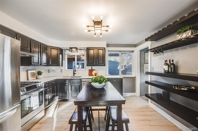 kitchen featuring under cabinet range hood, stainless steel appliances, a sink, light countertops, and open shelves