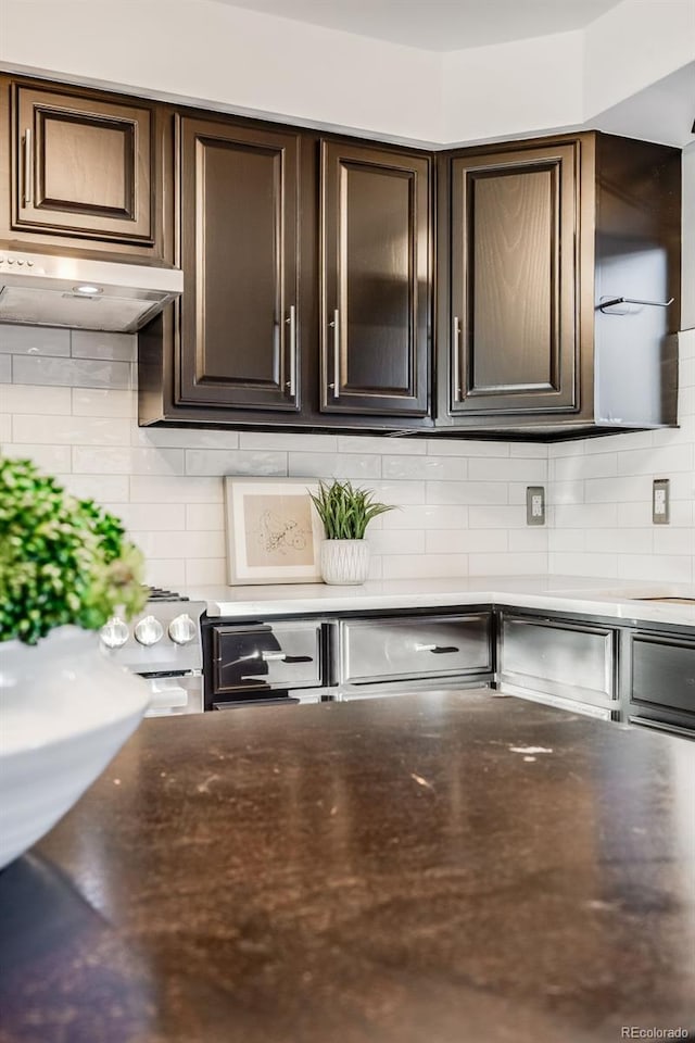 interior details with dark brown cabinets, stove, decorative backsplash, and under cabinet range hood