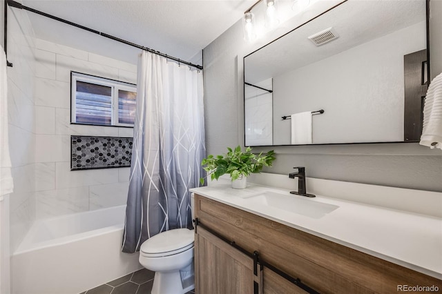 bathroom with visible vents, toilet, shower / bath combo, vanity, and a textured ceiling