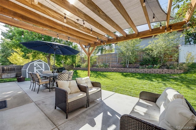 view of patio / terrace featuring a fenced backyard, an outdoor hangout area, a storage unit, an outdoor structure, and outdoor dining space