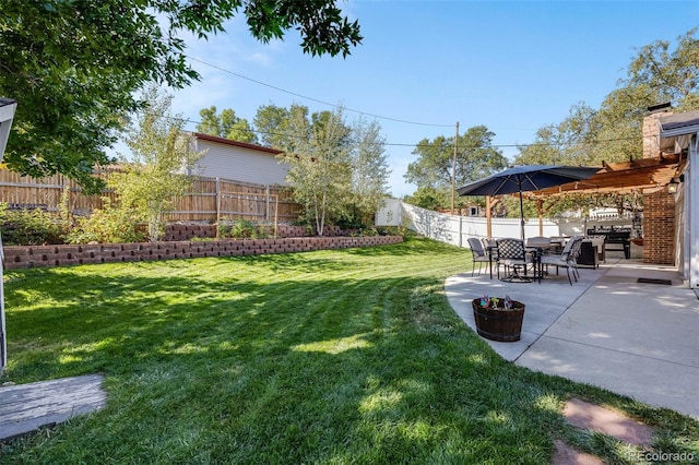 view of yard with a fenced backyard and a patio