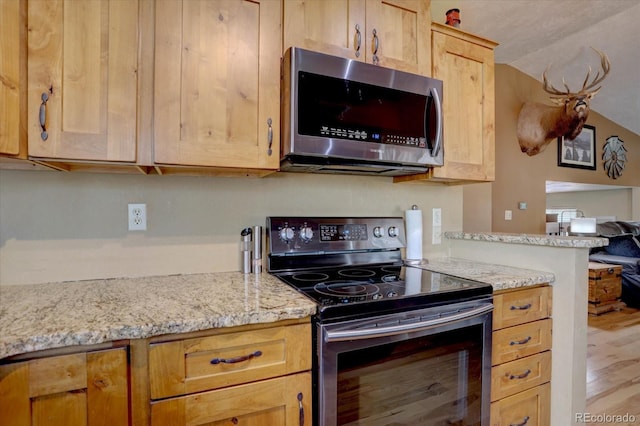 8745 W Ottawa Ave, Littleton, CO 80128 - kitchen featuring stainless steel appliances, open floor plan, light stone counters, and lofted ceiling
