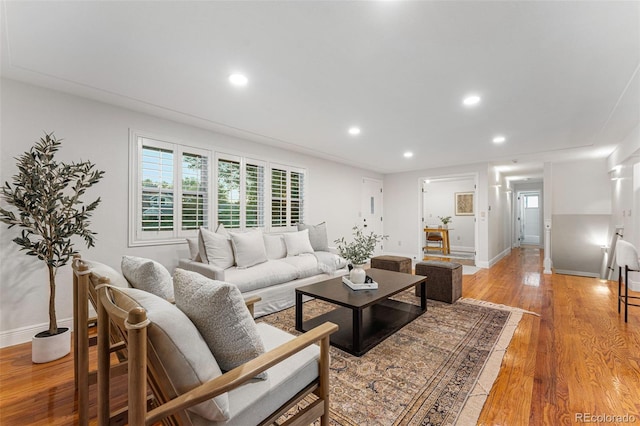 living room featuring a wealth of natural light and light hardwood / wood-style flooring