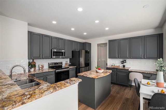 11868 W Progress Ave, Littleton, CO 80127 - kitchen featuring stainless steel appliances, tasteful backsplash, recessed lighting, dark wood-type flooring, and light stone countertops