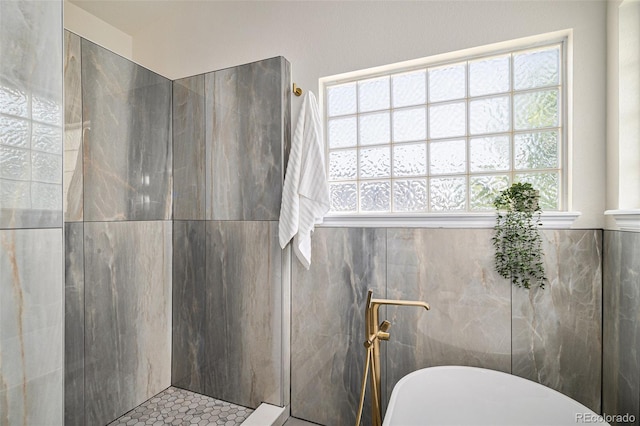 11868 W Progress Ave, Littleton, CO 80127 - full bathroom with walk in shower, healthy amount of natural light, a freestanding bath, and tile walls
