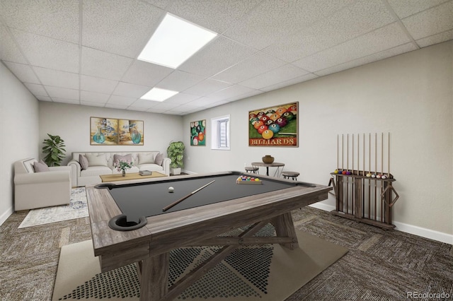 recreation room with a drop ceiling and pool table