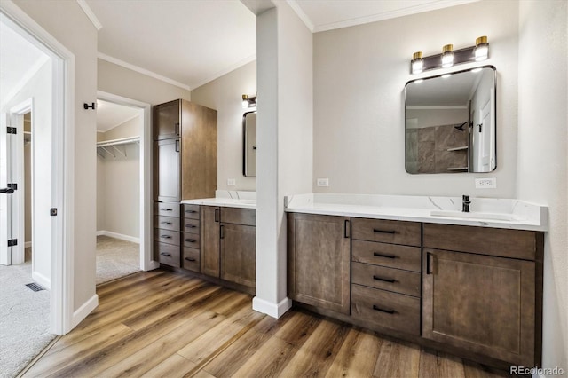 43343 E Arkansas Pl, Bennett, CO 80102 - bathroom with wood finished floors, vanity, a walk in closet, ornamental molding, and baseboards