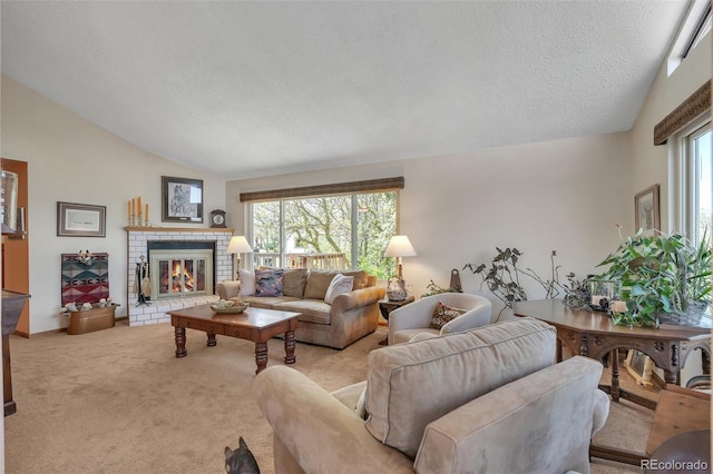 carpeted living room featuring a textured ceiling, vaulted ceiling, and a fireplace