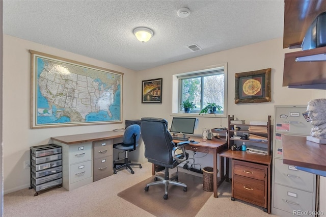 office area featuring a textured ceiling and carpet