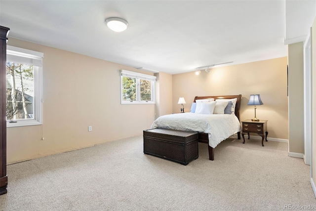 bedroom featuring track lighting and carpet flooring