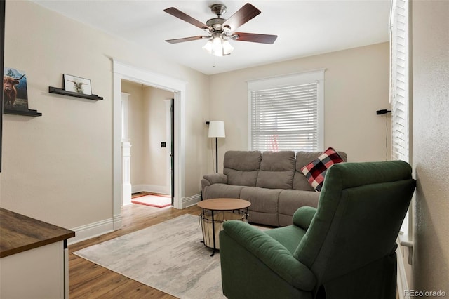 living room featuring ceiling fan and light hardwood / wood-style floors