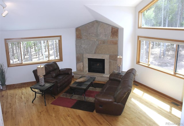 9274 Sandy Ln, Conifer, CO 80433 - living room featuring vaulted ceiling, wood finished floors, a fireplace, and baseboards