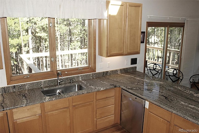 9274 Sandy Ln, Conifer, CO 80433 - kitchen with stainless steel dishwasher, a sink, and dark stone countertops