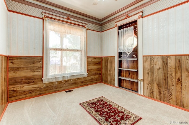 interior space featuring ceiling fan, carpet, and ornamental molding