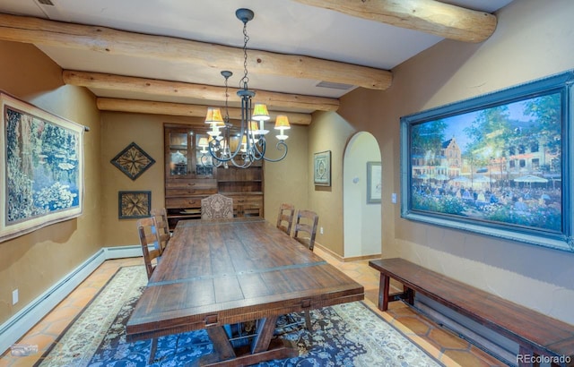 7022 Secrest Ct, Arvada, CO 80007 - dining area with baseboards, beamed ceiling, a baseboard heating unit, arched walkways, and a chandelier