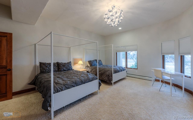 7022 Secrest Ct, Arvada, CO 80007 - carpeted bedroom with baseboards, a baseboard radiator, a chandelier, and recessed lighting