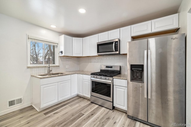 kitchen featuring sink, white cabinetry, light stone counters, light wood-type flooring, and stainless steel appliances