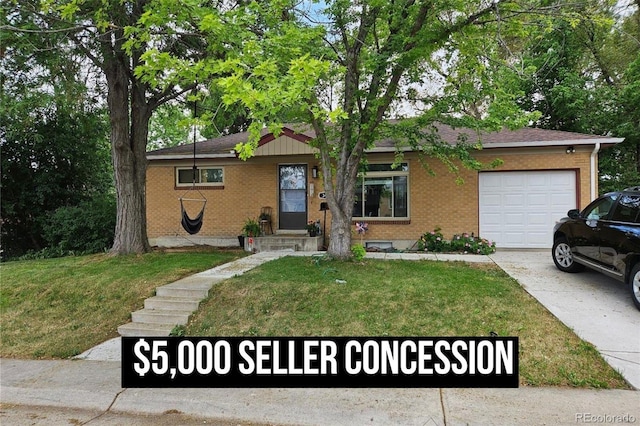 single story home with brick siding, driveway, an attached garage, and a front lawn