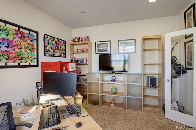 home office featuring french doors and carpet floors