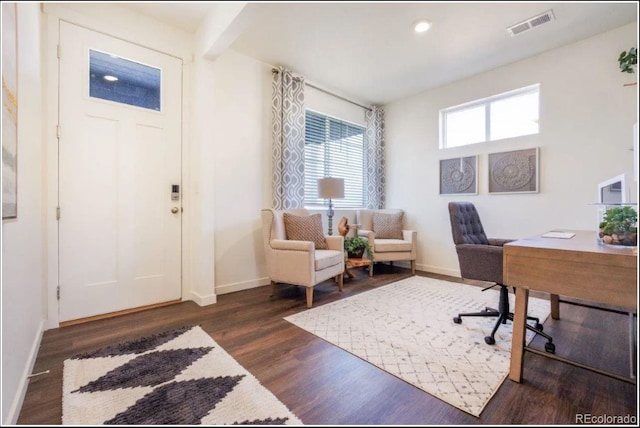 home office featuring dark wood-type flooring