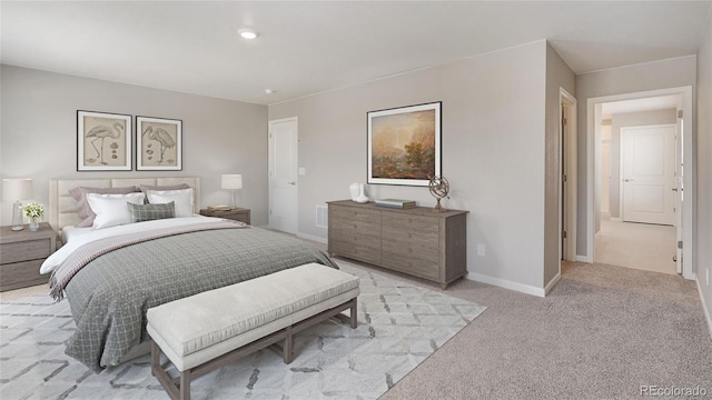 bedroom featuring light colored carpet