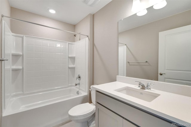 full bathroom with shower / bathing tub combination, vanity, and toilet