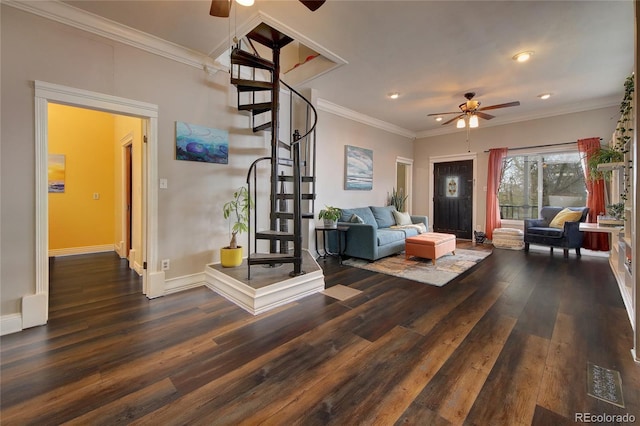 114 N 7th St, Colorado Springs, CO 80905 - living room with a ceiling fan, dark wood finished floors, ornamental molding, and recessed lighting