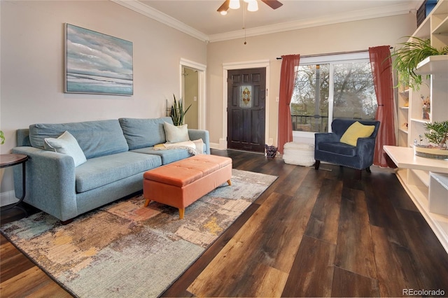 114 N 7th St, Colorado Springs, CO 80905 - living area with baseboards, ceiling fan, ornamental molding, and wood finished floors