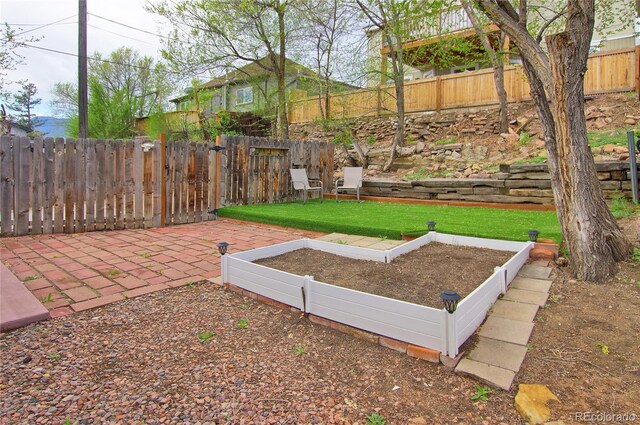 114 N 7th St, Colorado Springs, CO 80905 - view of yard featuring a fenced backyard, a patio, and a vegetable garden
