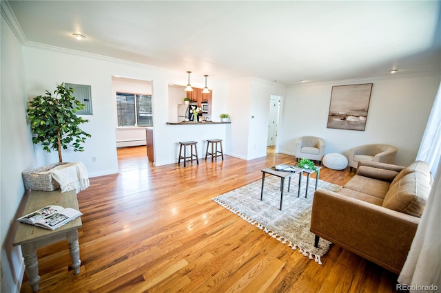 living room with a baseboard radiator, baseboards, light wood-style floors, and crown molding