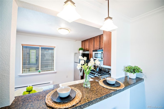 kitchen featuring kitchen peninsula, hanging light fixtures, stainless steel appliances, baseboard heating, and ornamental molding