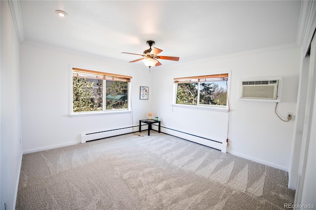 empty room featuring a wall mounted air conditioner, carpet floors, baseboard heating, ornamental molding, and ceiling fan