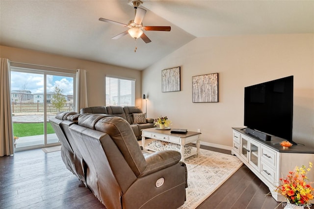 12718 Windingwalk Dr, Peyton, CO 80831 - living area featuring ceiling fan, lofted ceiling, dark wood-style floors, and baseboards