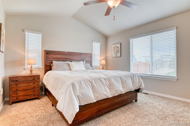 12718 Windingwalk Dr, Peyton, CO 80831 - bedroom featuring vaulted ceiling, light carpet, baseboards, and ceiling fan