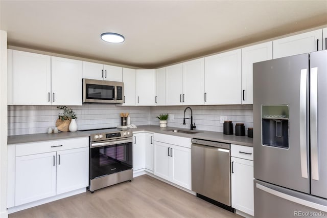 kitchen featuring appliances with stainless steel finishes, light hardwood / wood-style flooring, tasteful backsplash, white cabinets, and sink