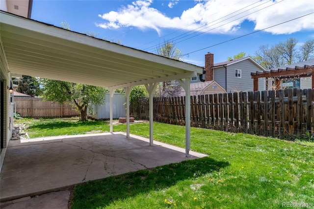 view of yard with a patio and a storage unit