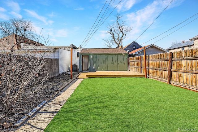 view of yard featuring a fenced backyard and a wooden deck