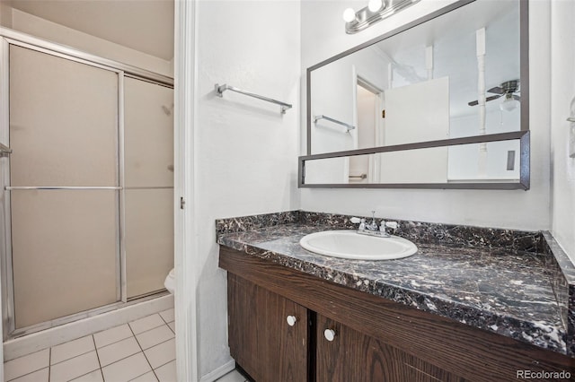 bathroom with ceiling fan, vanity, tile patterned floors, toilet, and walk in shower