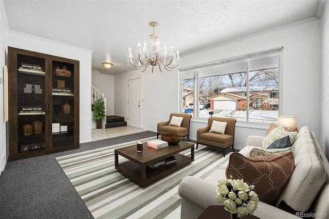 living room featuring ornamental molding, light carpet, a textured ceiling, and an inviting chandelier