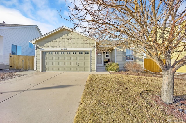 ranch-style home featuring central AC unit, concrete driveway, an attached garage, and fence