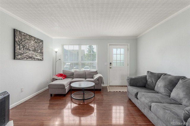 1622 S Idalia Cir Unit E, Aurora, CO 80017 - living room featuring ornamental molding, wood finished floors, and baseboards