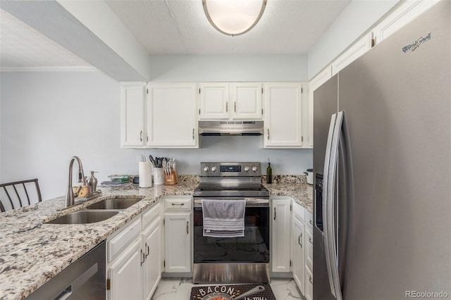 1622 S Idalia Cir Unit E, Aurora, CO 80017 - kitchen featuring stainless steel appliances, under cabinet range hood, a sink, light stone countertops, and light marble finish flooring