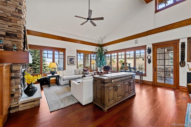 living room with high vaulted ceiling, dark hardwood / wood-style floors, and a healthy amount of sunlight