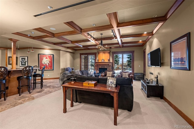 living room featuring beamed ceiling, bar, coffered ceiling, and light colored carpet