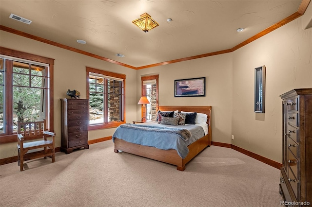 bedroom with crown molding and carpet