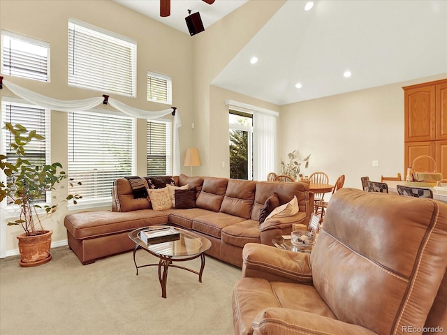 11556 W Cooper Pl, Littleton, CO 80127 - living area featuring light carpet, a ceiling fan, and recessed lighting